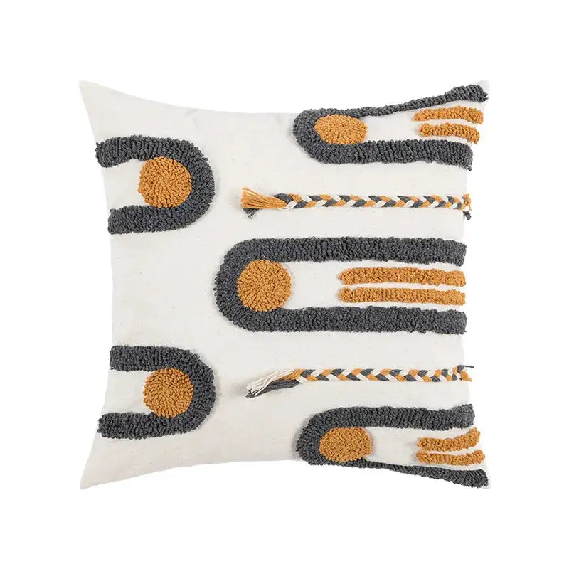 Bohemian pillow cushion cover with geometric gray and orange tassel embroidery, long living-room pillow
