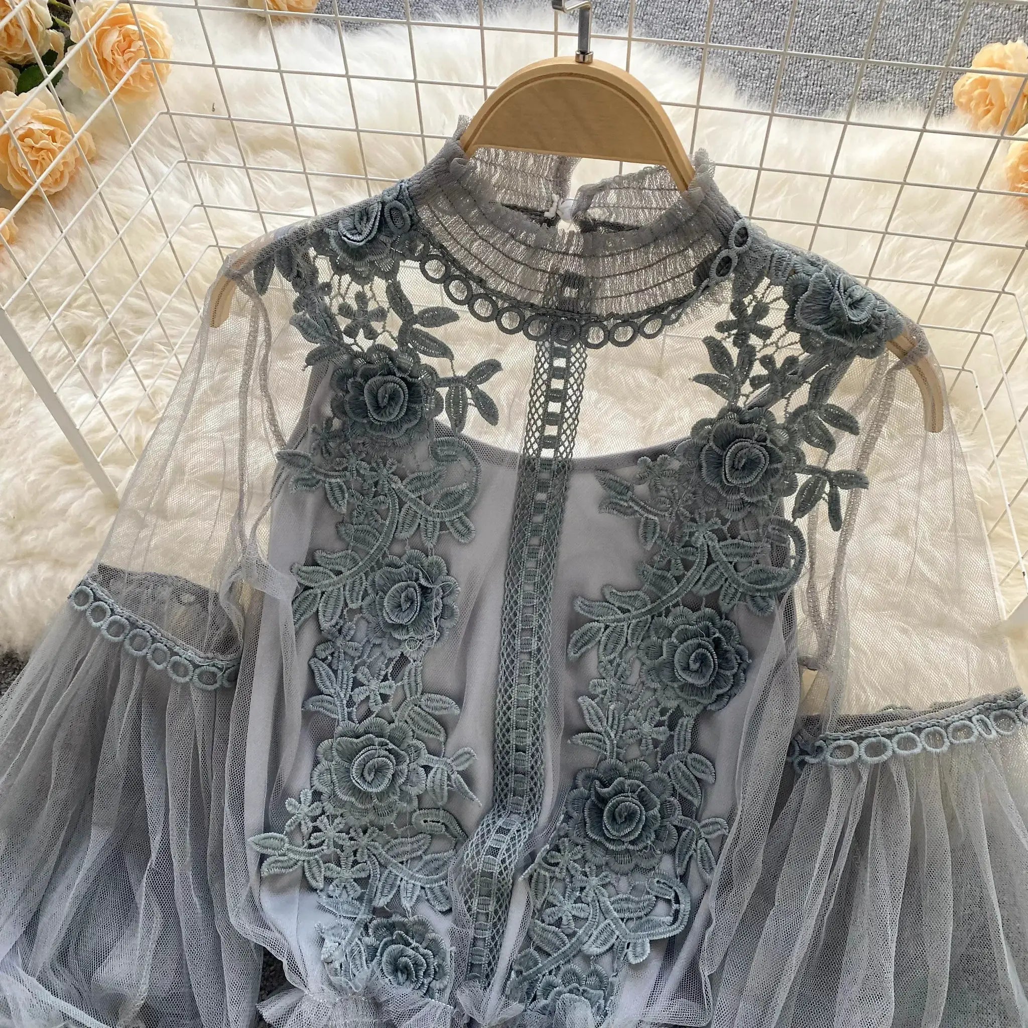 Lace puff long sleeve blouse in gray floral lace with sheer mesh fabric, Simples Market