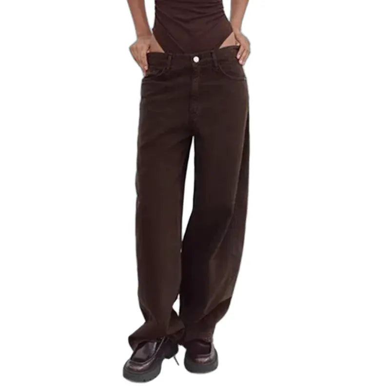 Maxdutti 2026 Ladies Mom Jeans Retro Brown Washed Denim Straight