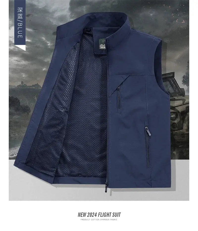 Blue men's windproof sleeveless vest with front zipper, chest and side zip pockets, mesh lining