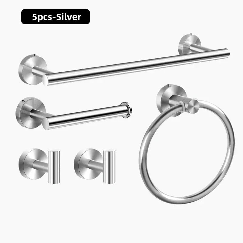 Stainless steel bathroom hardware set, 5 pcs, includes towel bar, towel ring, toilet paper holder and two hooks