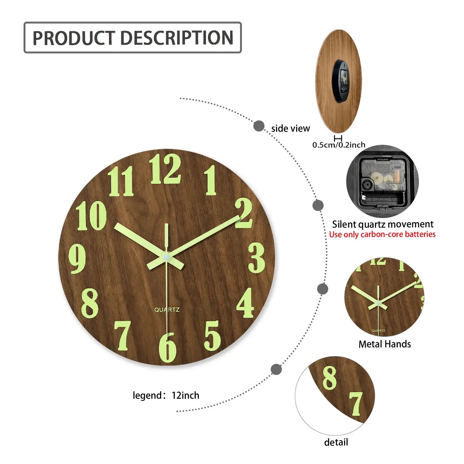12-inch wooden wall clock with luminous green numerals