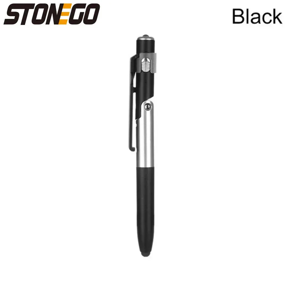 STONEGO 4-in-1 foldable ballpoint pen stylus with flashlight, black metal body for tablets and cellphones