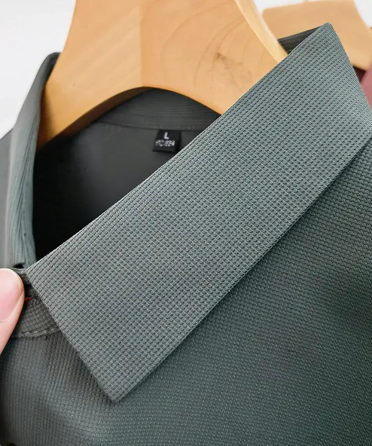 Men's polo shirt in grey ice silk, short sleeves, textured collar for summer comfort