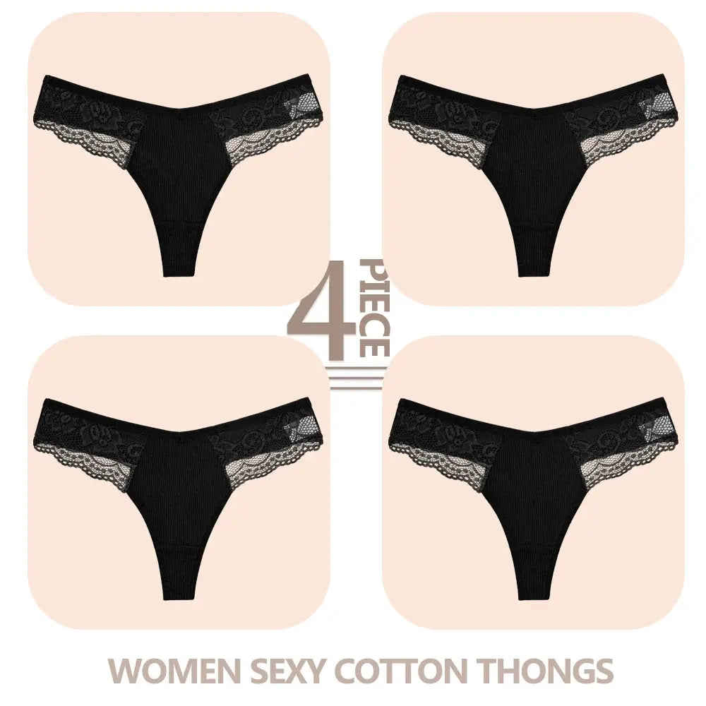 Simples Market 4-pack women's cotton lace thong panties with V-waist, solid black