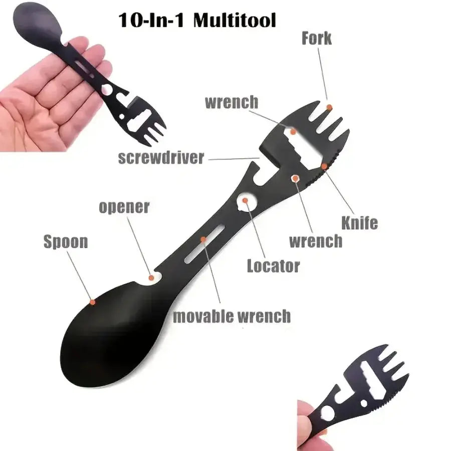 10-in-1 camping multitool spoon-fork with bottle opener, knife and wrench, black metal