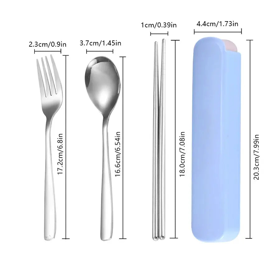 Simples Market four-piece stainless steel travel cutlery set with blue case: fork, spoon, chopsticks