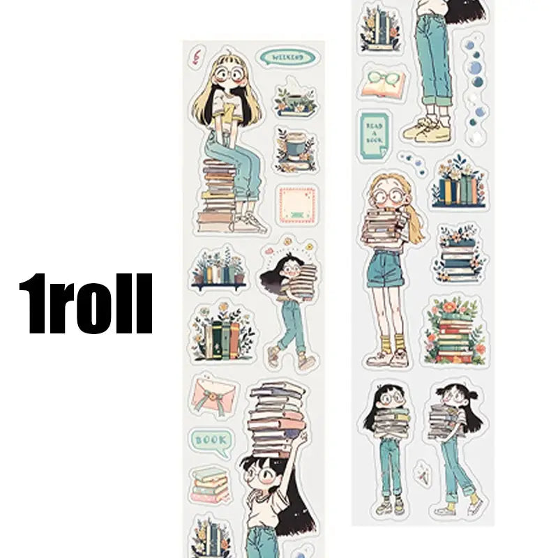 Mr Paper Washi Tape 1 roll with kawaii character and book-stacks sticker designs for journals and scrapbooks