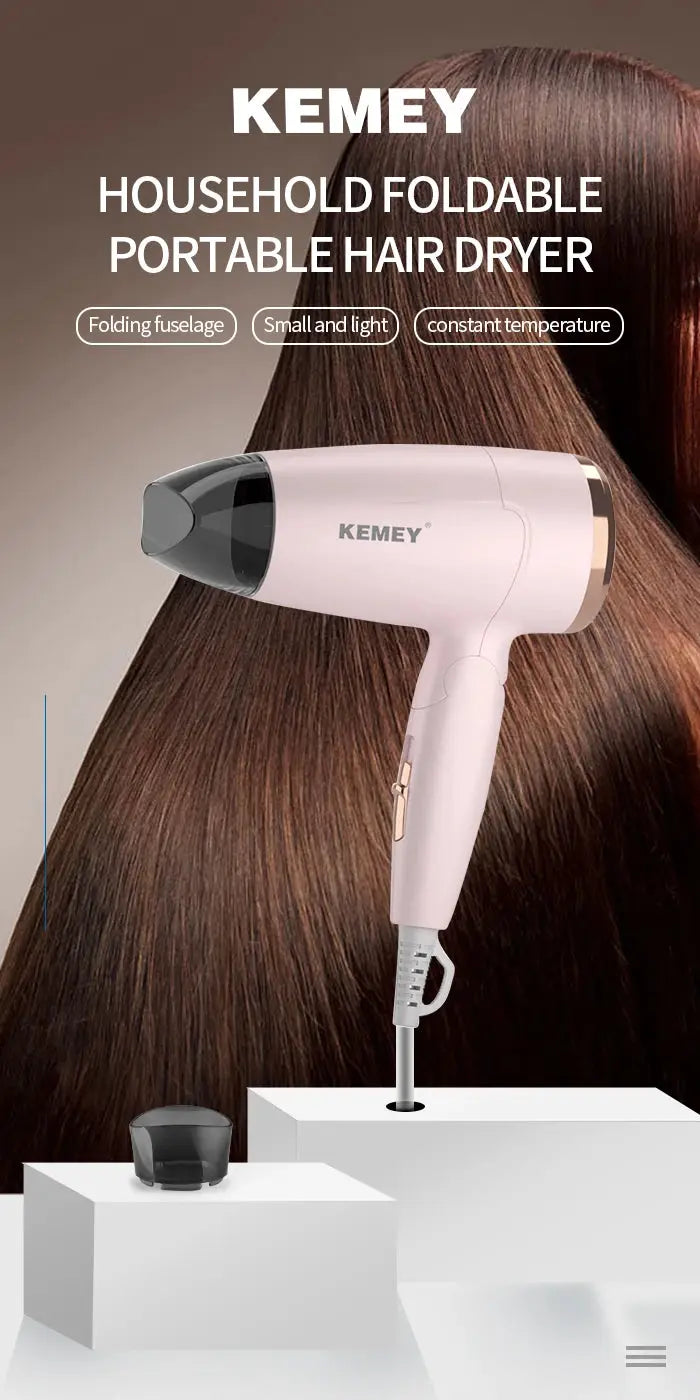 Kemei pink portable foldable hair dryer with compact handle