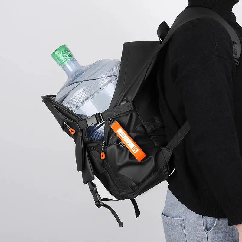 Simples Market luxury men's backpack, black waterproof travel bag with orange zipper pulls and side water bottle pocket.