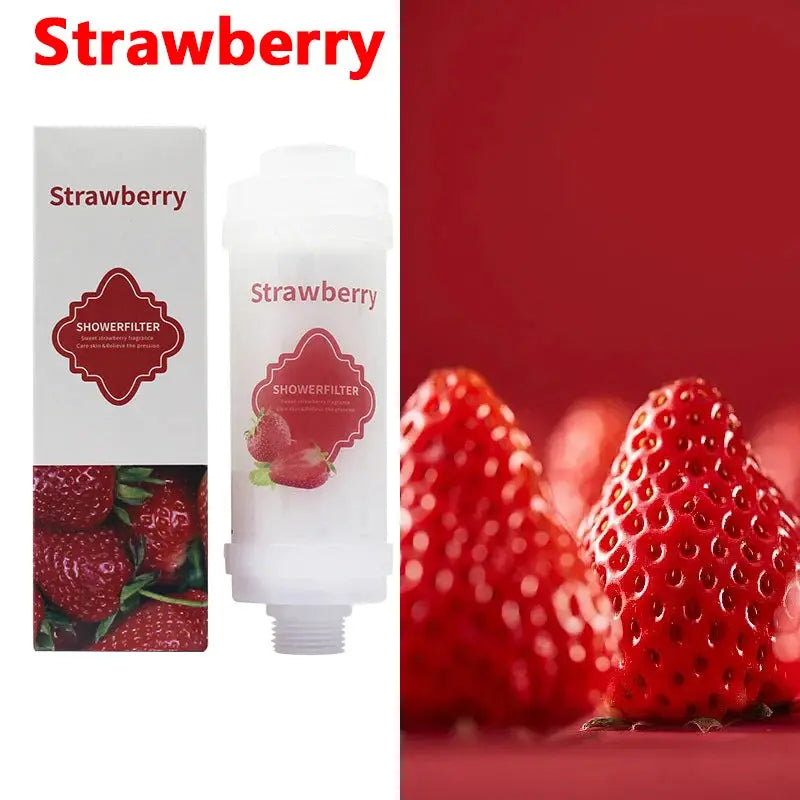 Strawberry scented shower filter set; white bottle and box with strawberry label (2 items)
