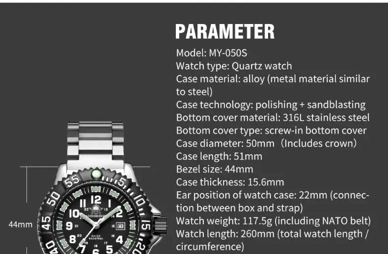 Diver watch by Simples Market with black dial, rotating bezel, stainless steel bracelet, 50m waterproof