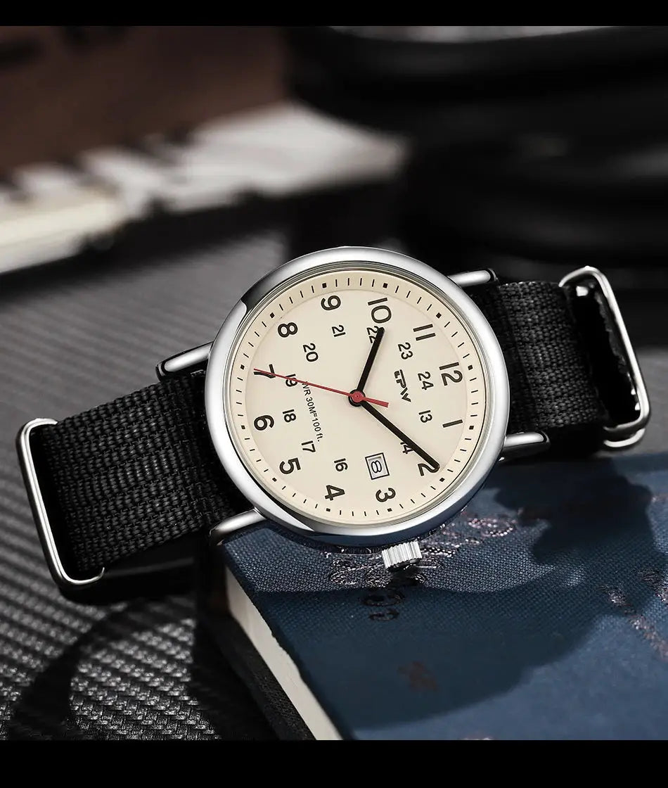 Field watch by Simples Market with beige dial, black fabric strap, 24-hour display, quartz movement