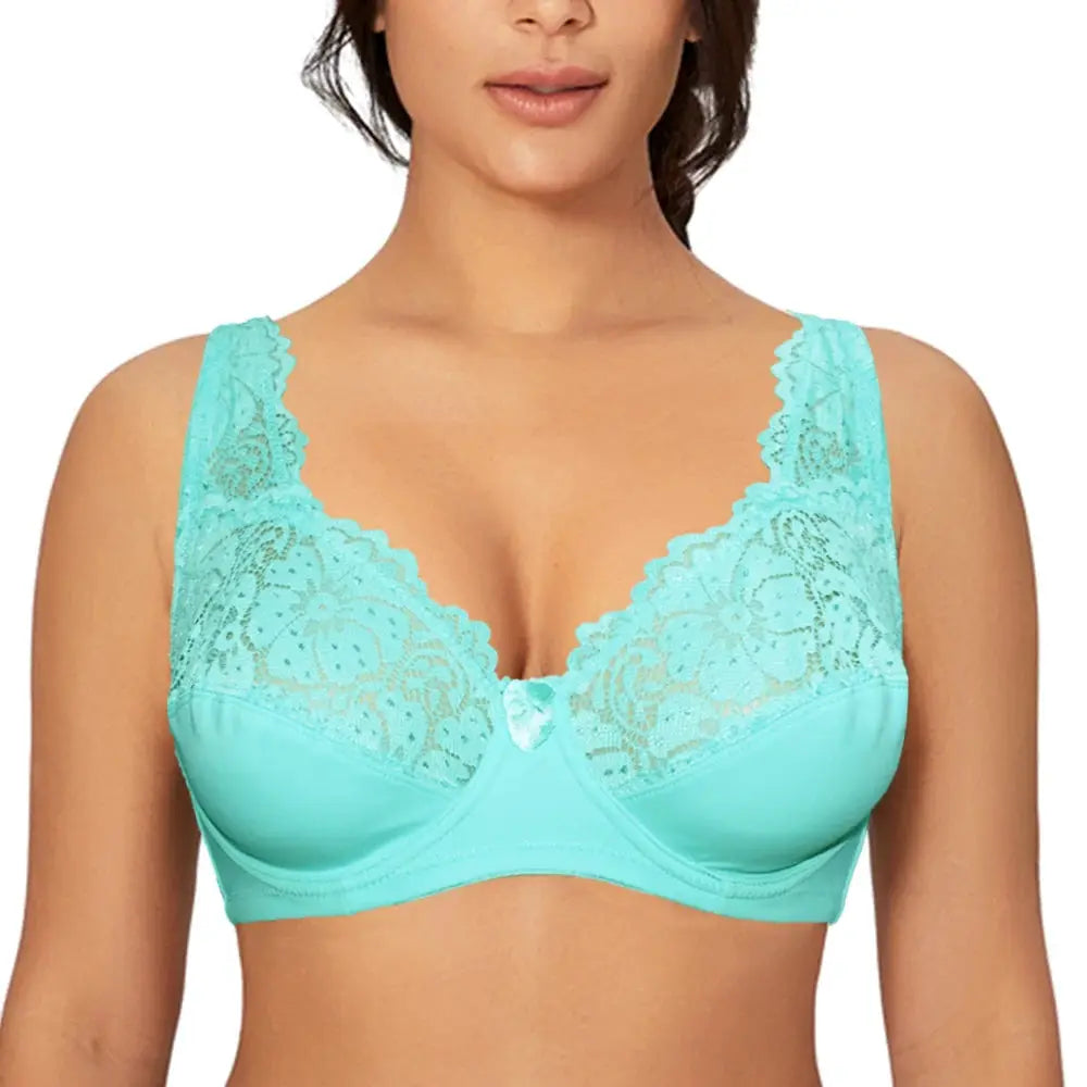 Bra plus-size turquoise lace underwire with scalloped cups and front bow