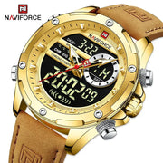 NAVIFORCE luxury men's wristwatch with gold-tone case, brown leather strap and digital-analog chronograph