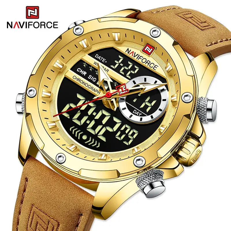NAVIFORCE luxury men's wristwatch with gold-tone case, brown leather strap and digital-analog chronograph