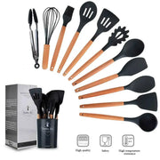 ChefGlow 12-Piece Silicone Kitchen Utensil Set With Nonstick Heat-Resistant Heads And Wooden Handles