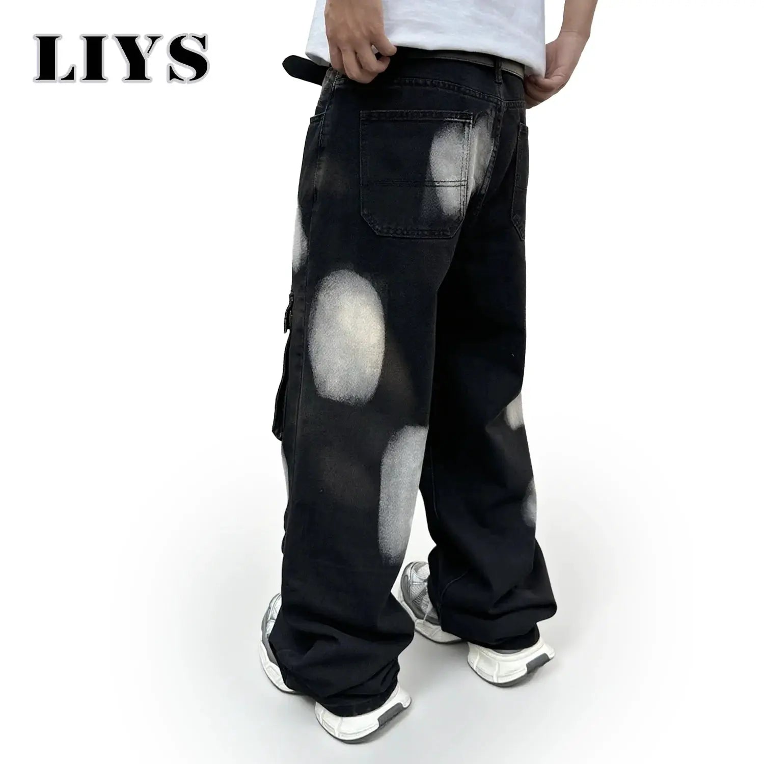 Men's black straight-leg workwear jeans with multiple pockets and ink splatters, LIYS.
