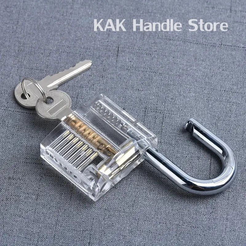 KAK transparent practice padlock with keys, 80x50mm, clear body with visible internal pins for lock-picking training