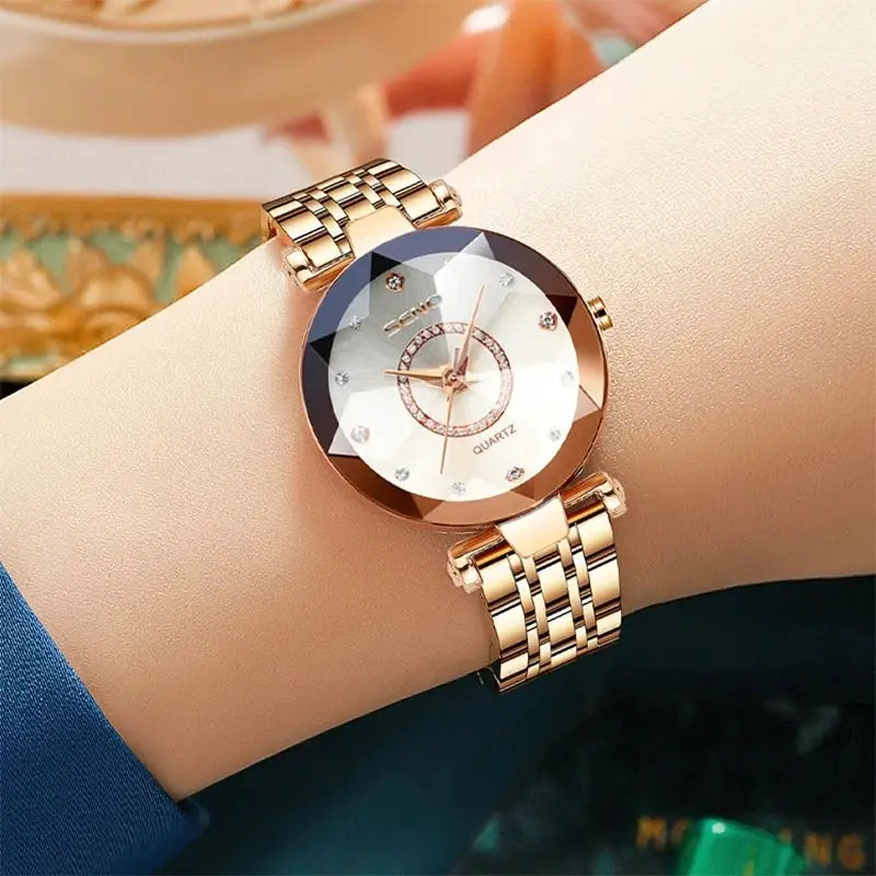 SENO Ocean Star Women Crystal Watch Rose Gold Bracelet Luxury Timepiece With Hardlex Window 2025