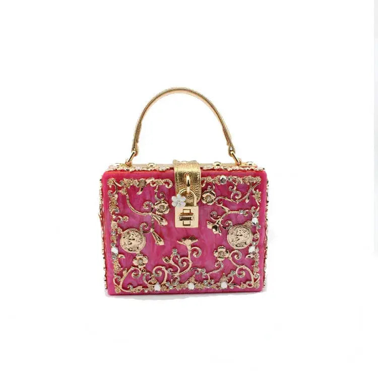 Crystal pink box-style evening bag with gold hollow-out floral filigree and diamond accents, Simples Market.
