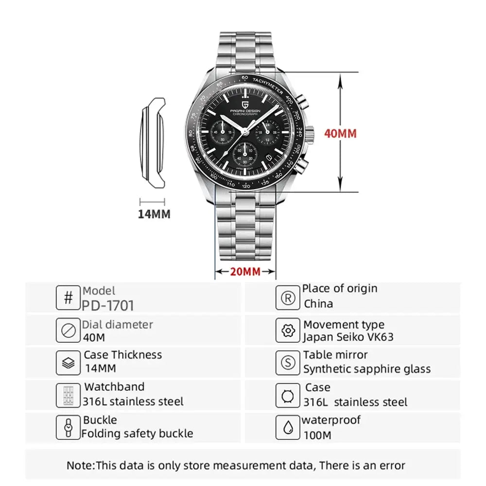 Pagani Design 2026 New Moon men's chronograph watch with 40mm dial, stainless steel band, ceramic bezel, sapphire glass