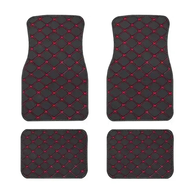 Car floor mats 4-piece PU leather waterproof set by Simples Market, black with red diamond stitching for front and rear