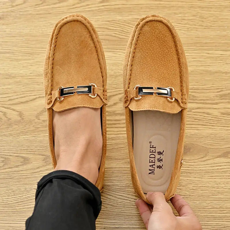 YRZL men's tan suede loafers; two loafers shown with metal horsebit detail