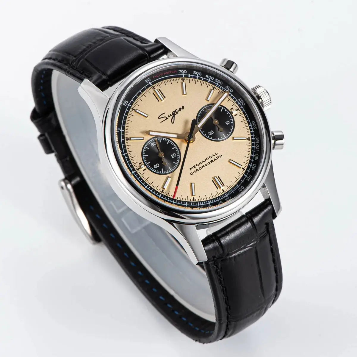 Sugess 1963 Pilot chronograph watch with beige panda dial, stainless steel case, black leather strap.