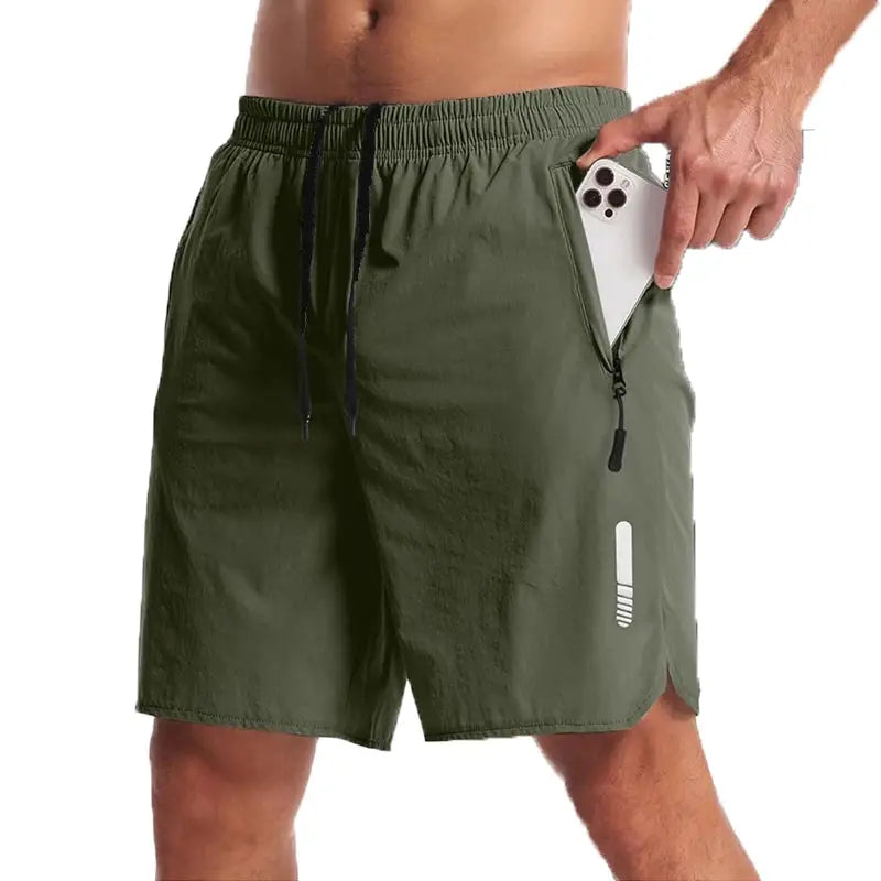 Men's olive green sport shorts with drawstring waist and side zip pocket
