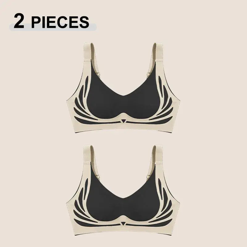 2-piece Simples Market wireless push-up seamless bra set with angel-wing pattern, beige with black cups