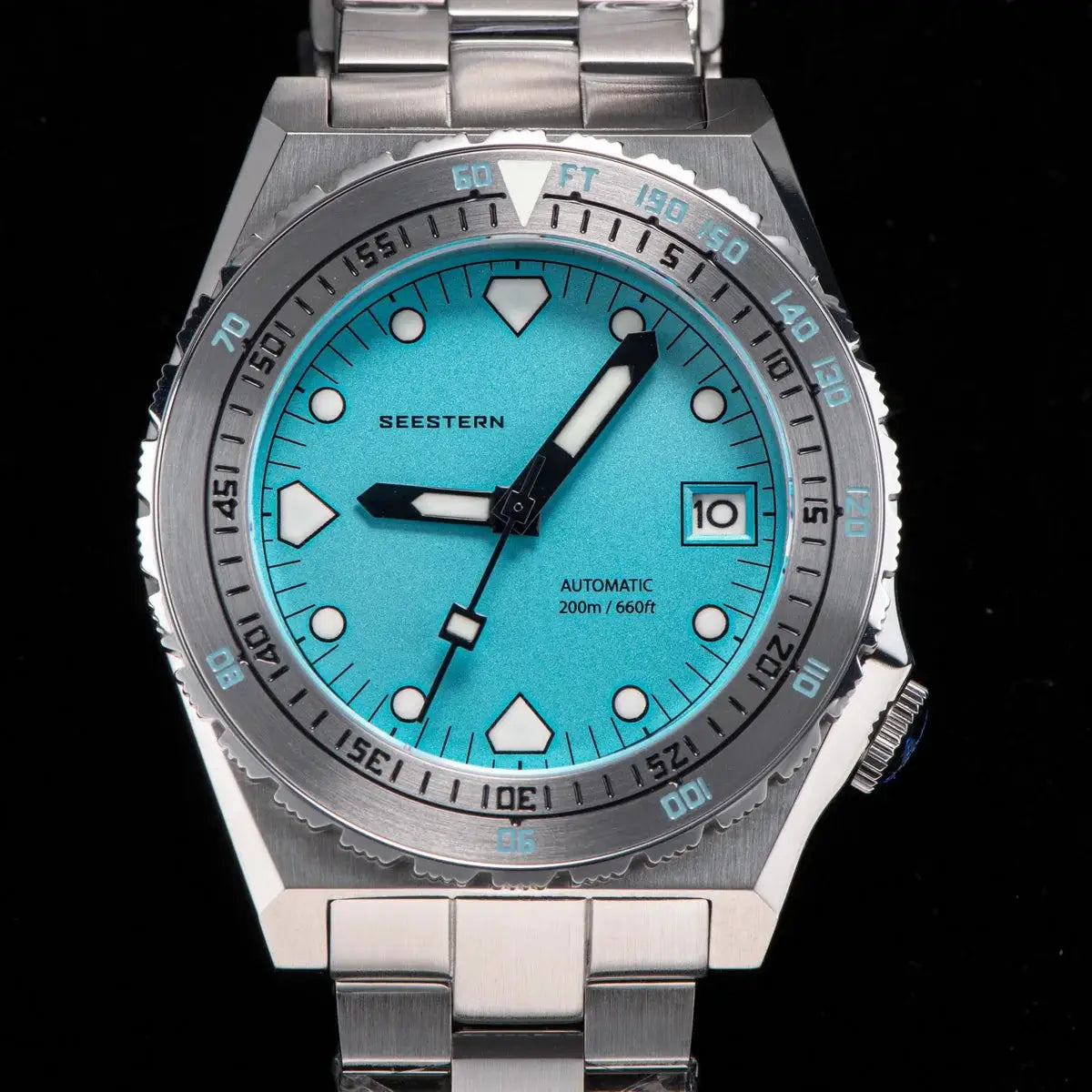 Seestern Sub600T V3 men's automatic diving watch with turquoise dial and stainless steel bracelet