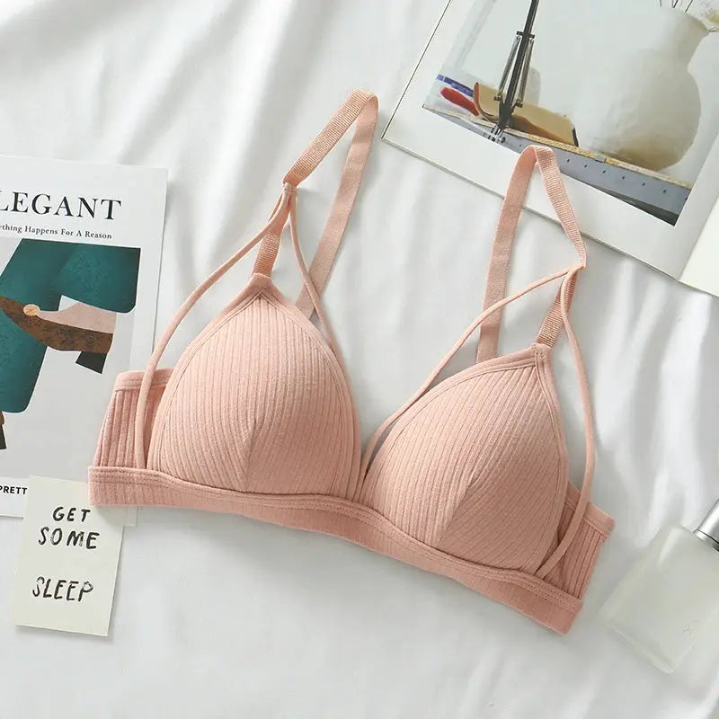 Pink ribbed wireless bralette with triangle cups and adjustable straps