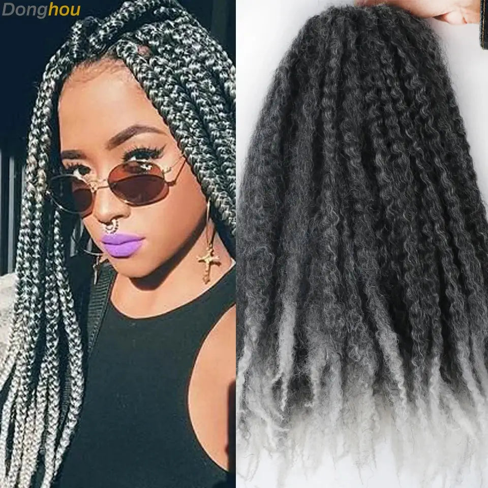 Marley hair extensions 18in synthetic, ombre black-brown-grey; two styles shown: box braids and curly Marley twists