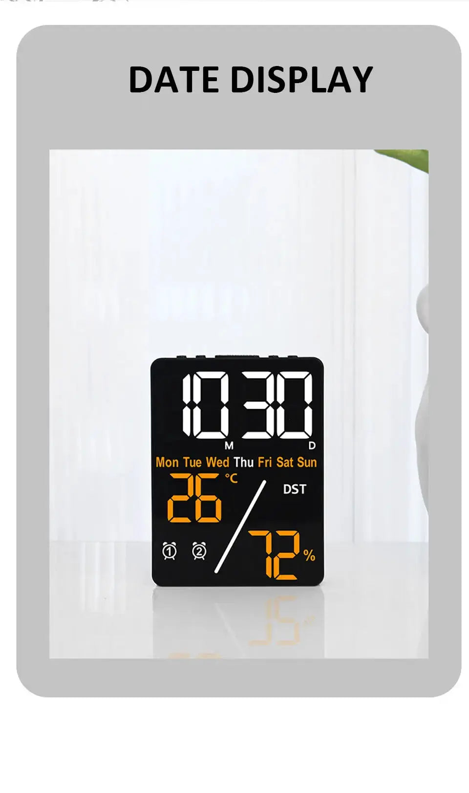 Digital alarm clock by Simples Market; black large screen display with humidity, white time digits, orange date/temp