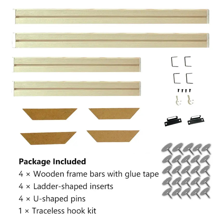 Simples Market natural wood canvas frame set with 4 frame bars, ladder inserts, U pins, and traceless hook kit.