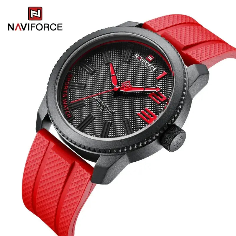 Naviforce men's quartz wristwatch with red silicone strap, black textured dial, gray case, 30M water resistant