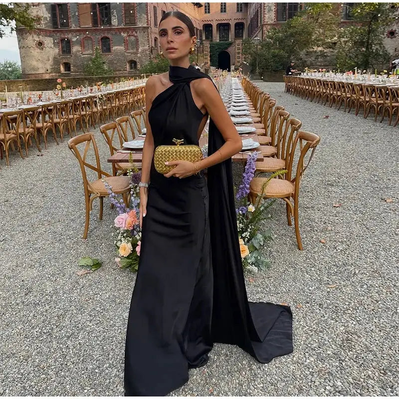 Elegant Ribbon Halter Dress Slim Fit Backless Maxi Off Shoulder Sleeveless Party Dress For Summer