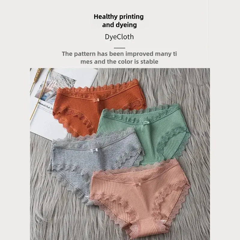 4-pack lace wavy-trim bikini panties; comfy breathable elastic underwear in orange, green, gray, and peach