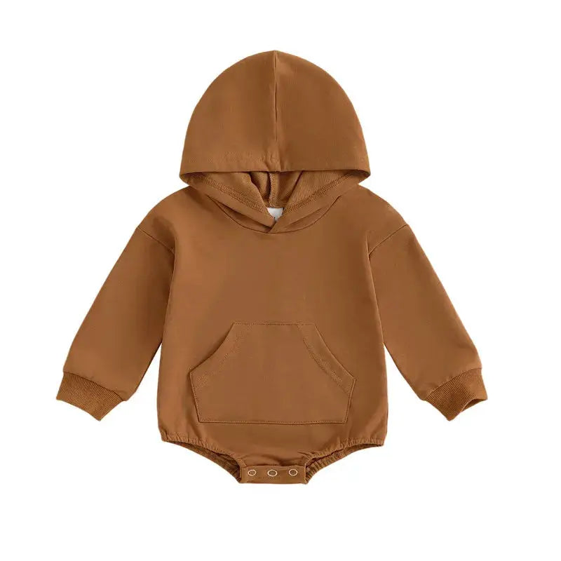 Baby Hooded Romper With Front Pocket Long Sleeve Solid Color Bodysuit For Newborn Boys And Girls Spring Autumn Playsuit