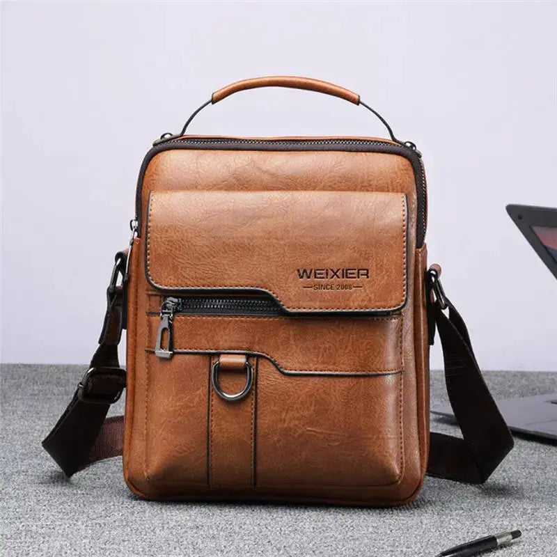 Leather men's shoulder bag WEIXIER, brown crossbody with front zip pocket and D-ring.