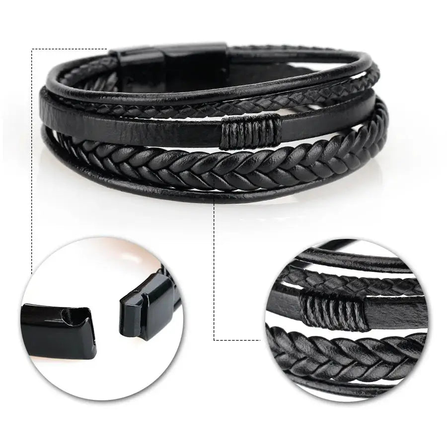Vintage Multilayer Braided Leather Bracelet For Men Stainless Steel Rope Design Jewelry Gift