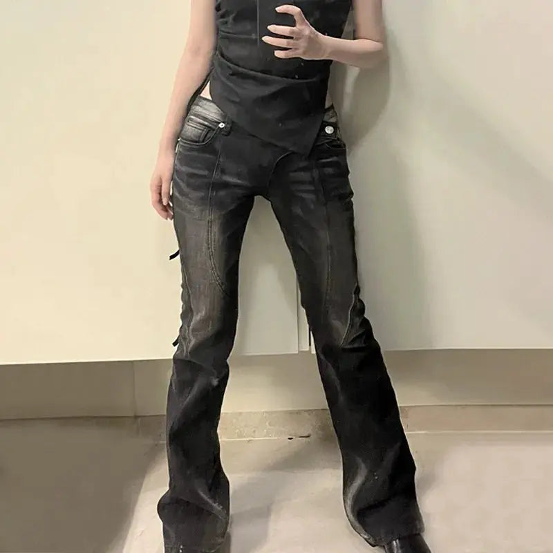 Vintage Distressed Asymmetrical Low Waist Jeans Grunge Flare Denim