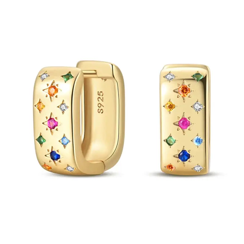 Gold-tone hoop earrings with multicolor gemstone star motifs, pair; S925 stamp visible on inner side