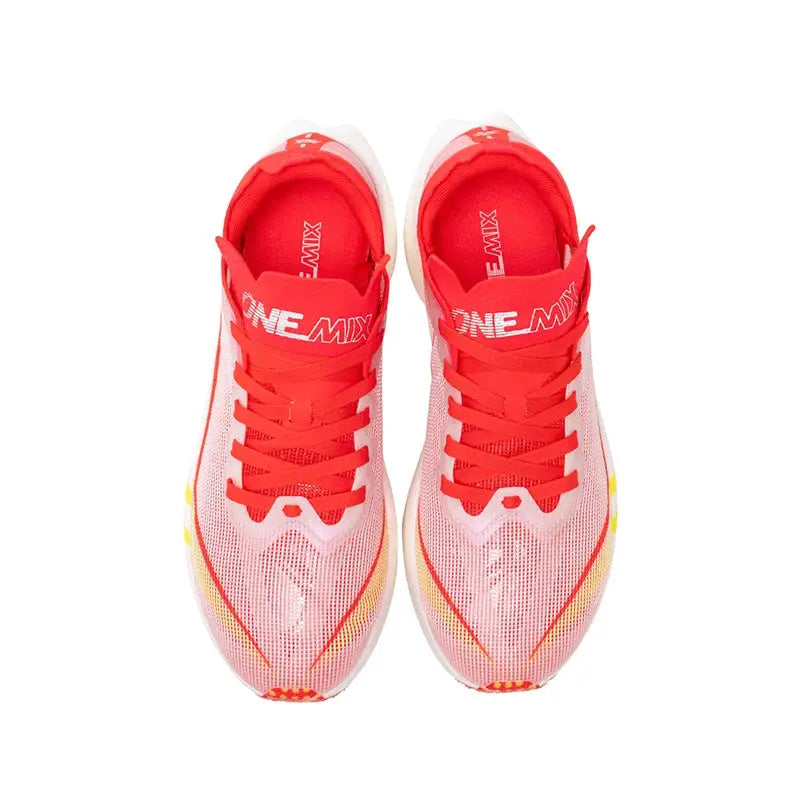 ONEMIX men's marathon carbon-plate running shoes, red-pink gradient with white sole and ONEMIX branding
