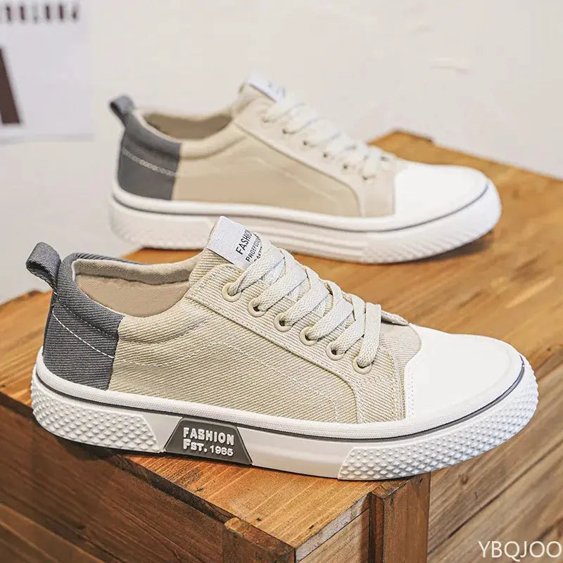 Men's canvas sneakers, beige with gray heel accents, lightweight breathable casual footwear, 2 pairs on display