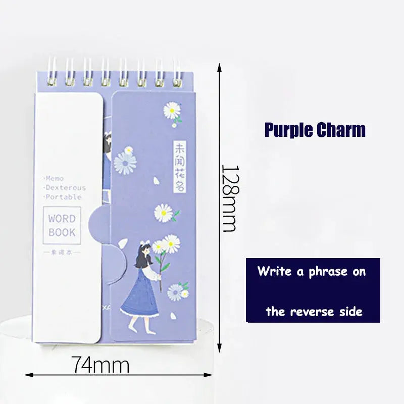 Purple Charm word book notebook by Simples Market, floral girl design, portable planner 128mm x 74mm