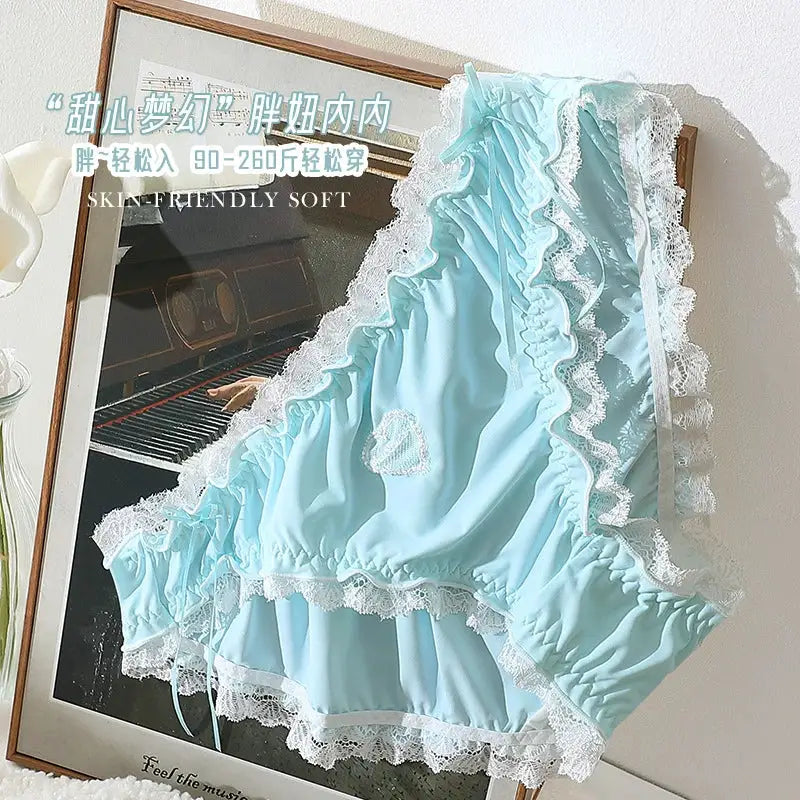 Lingerie set: light blue lace with white frill trim, plus-size underwear.