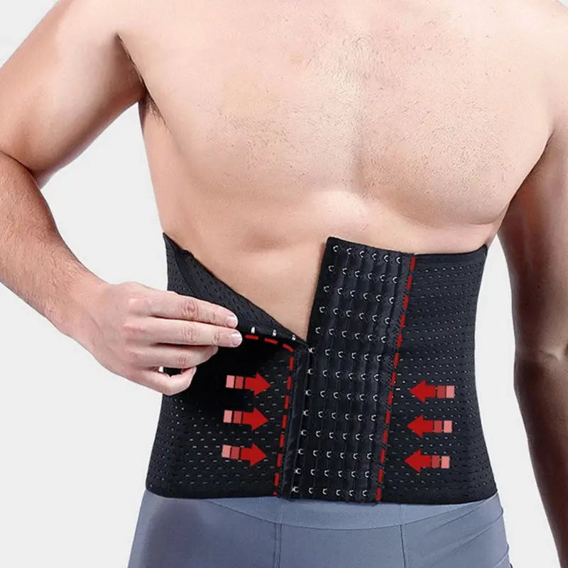 Simples Market men's black waist trainer belt with hook closures and adjustable fit