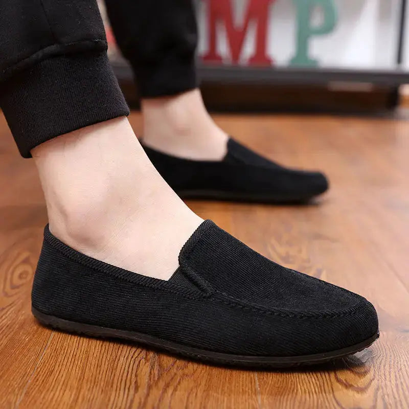 Men's black fabric slip-on loafers, big size, moccasin-style driving shoes
